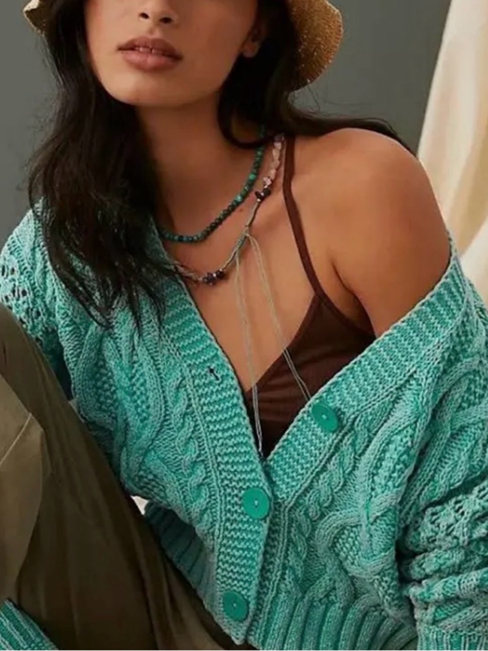 Anthropologie Pilcro Chunky V-Neck Cable-Knit Cardigan XL Mint